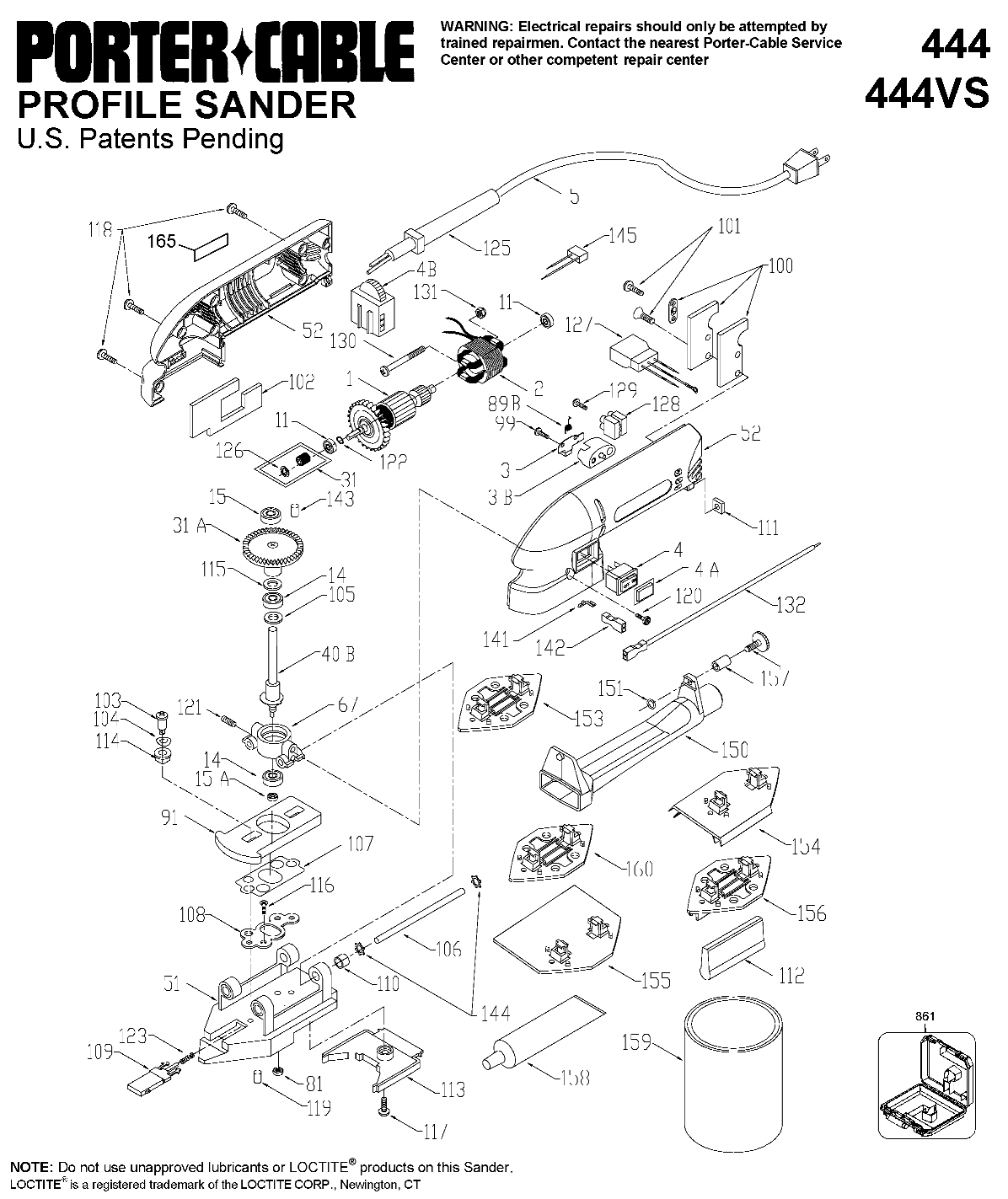Default Diagram and Parts List for PC9444 Type 1 Porter Cable Sander Polisher